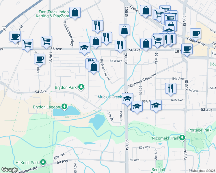 map of restaurants, bars, coffee shops, grocery stores, and more near 5415 Brydon Crescent in Langley