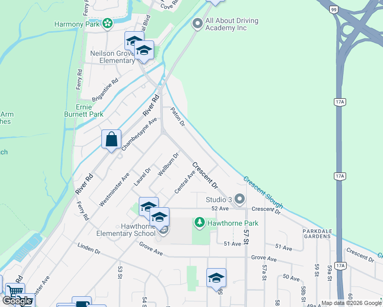map of restaurants, bars, coffee shops, grocery stores, and more near 5358 Crescent Drive in Delta