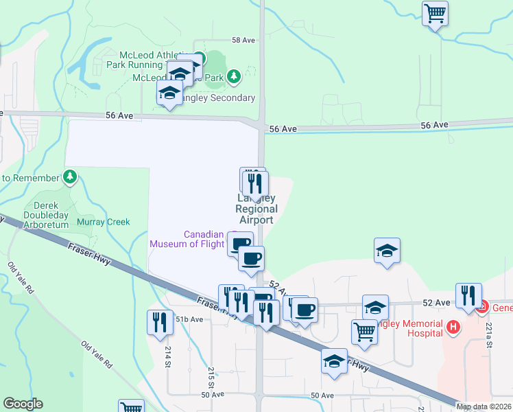 map of restaurants, bars, coffee shops, grocery stores, and more near 5385 216 Street in Langley Township
