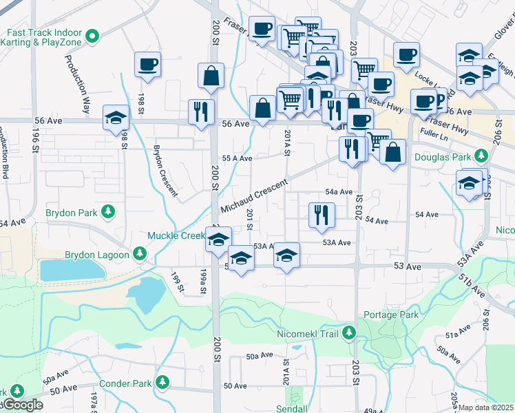 map of restaurants, bars, coffee shops, grocery stores, and more near in Langley