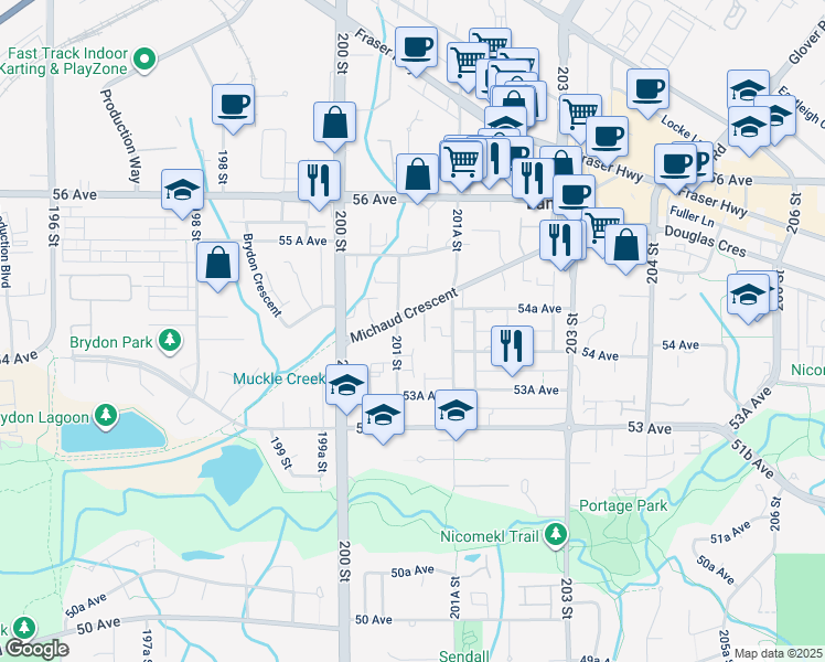 map of restaurants, bars, coffee shops, grocery stores, and more near 5430 201 Street in Langley