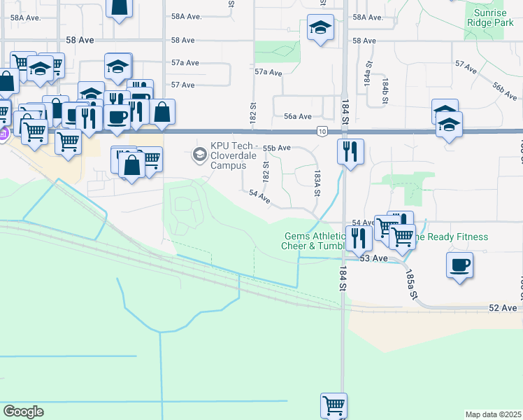 map of restaurants, bars, coffee shops, grocery stores, and more near 18244 54 Avenue in Surrey