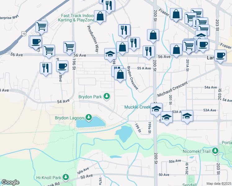 map of restaurants, bars, coffee shops, grocery stores, and more near 5401 198 Street in Langley