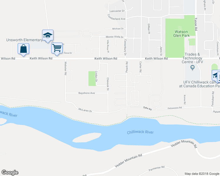 map of restaurants, bars, coffee shops, grocery stores, and more near 5440 Chinook Street in Chilliwack