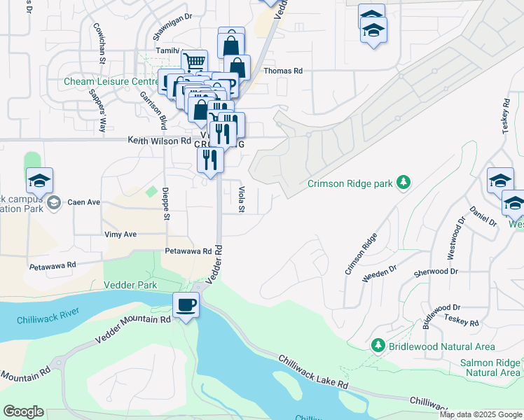 map of restaurants, bars, coffee shops, grocery stores, and more near 45715 Alma Avenue in Chilliwack