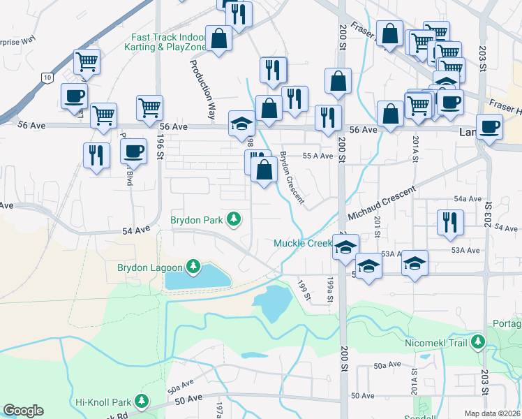 map of restaurants, bars, coffee shops, grocery stores, and more near 19825 54 Avenue in Langley