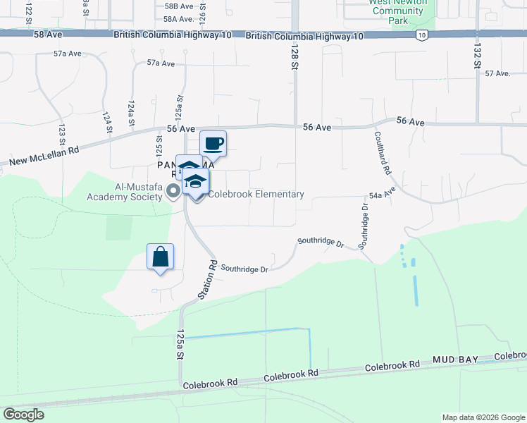 map of restaurants, bars, coffee shops, grocery stores, and more near 12741 54 Avenue in Surrey