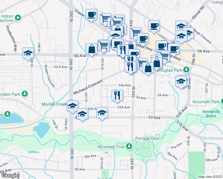 map of restaurants, bars, coffee shops, grocery stores, and more near in Langley