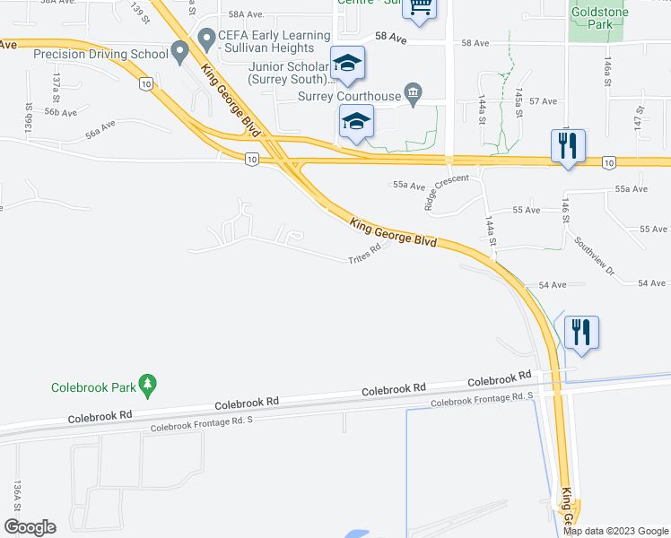 map of restaurants, bars, coffee shops, grocery stores, and more near 14208 Trites Road in Surrey