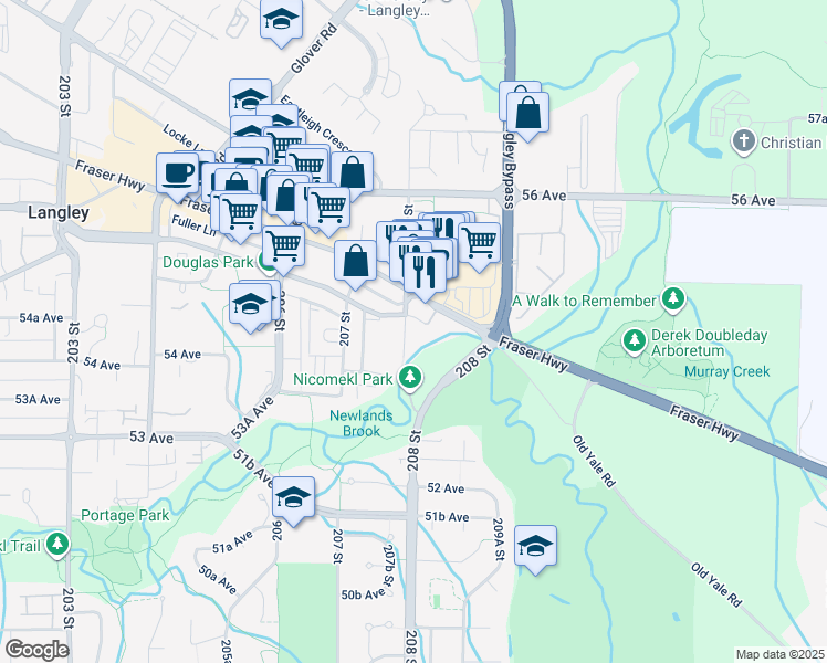 map of restaurants, bars, coffee shops, grocery stores, and more near 5420 208 Street in Langley