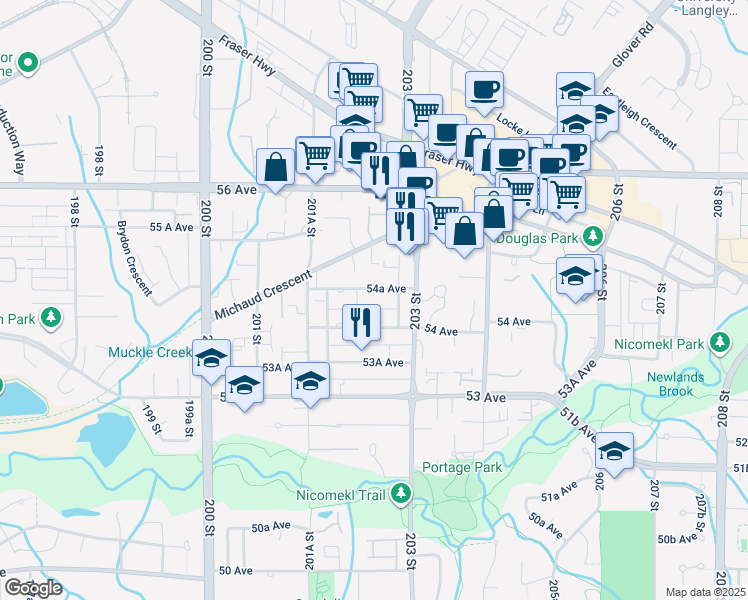 map of restaurants, bars, coffee shops, grocery stores, and more near 20240 54A Avenue in Langley