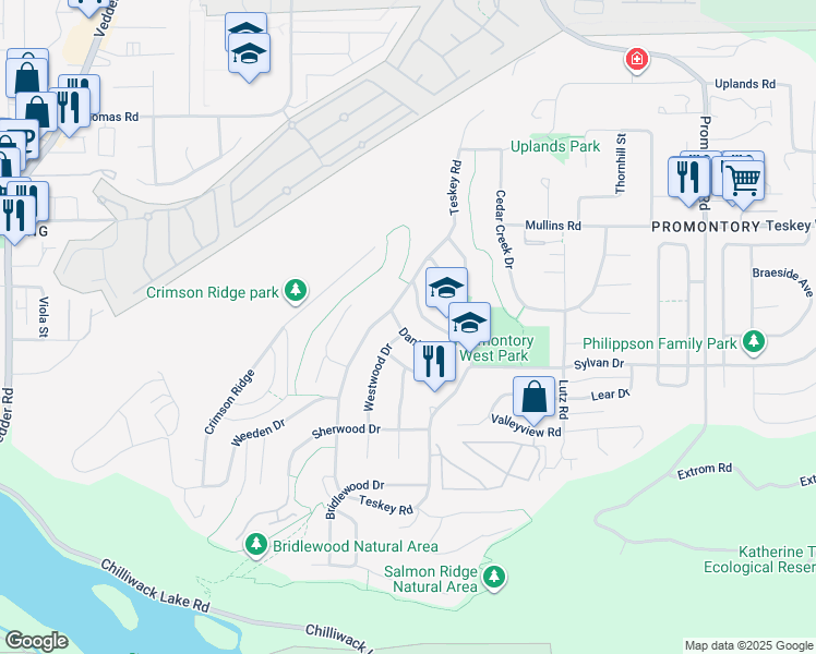 map of restaurants, bars, coffee shops, grocery stores, and more near 46291 Daniel Drive in Chilliwack