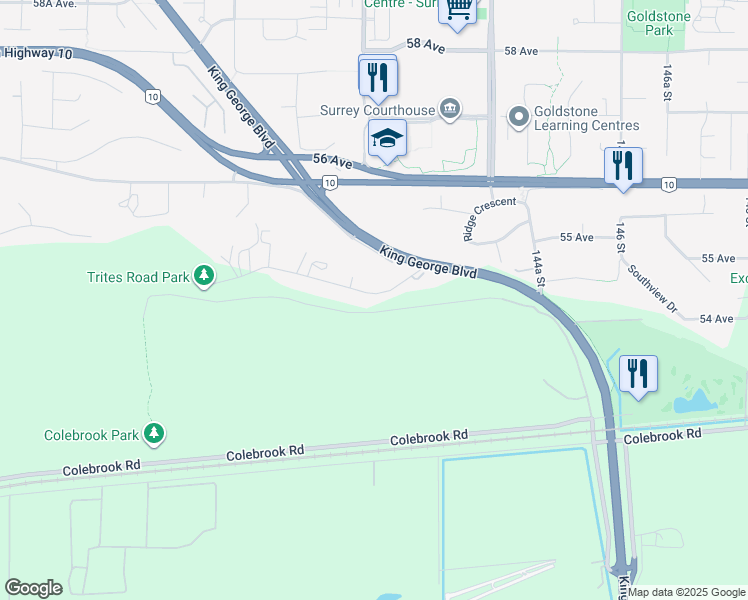 map of restaurants, bars, coffee shops, grocery stores, and more near 14220 Trites Road in Surrey