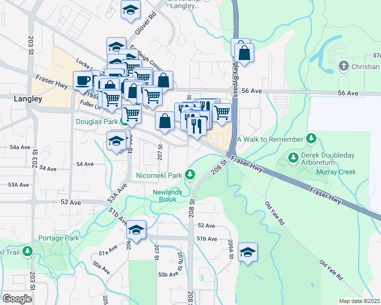 map of restaurants, bars, coffee shops, grocery stores, and more near in Langley