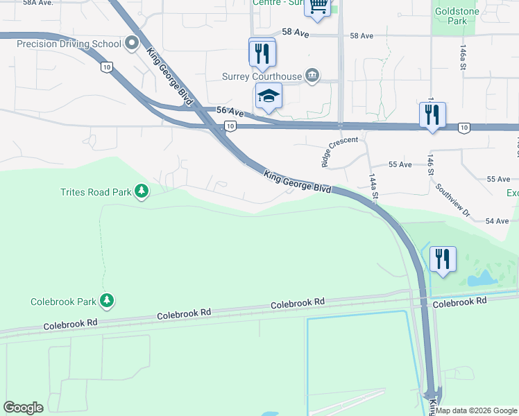 map of restaurants, bars, coffee shops, grocery stores, and more near 14208 Trites Road in Surrey
