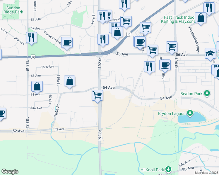 map of restaurants, bars, coffee shops, grocery stores, and more near 188 54 Avenue in Surrey