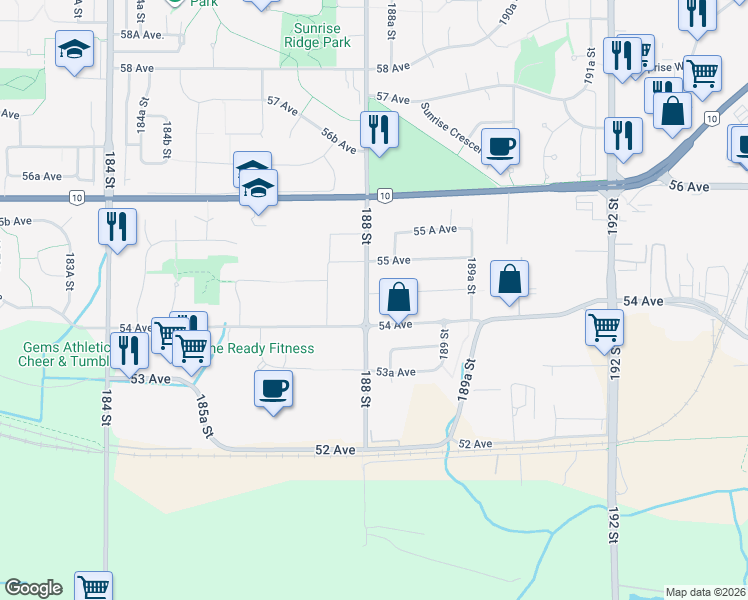 map of restaurants, bars, coffee shops, grocery stores, and more near 5438 188 Street in Surrey