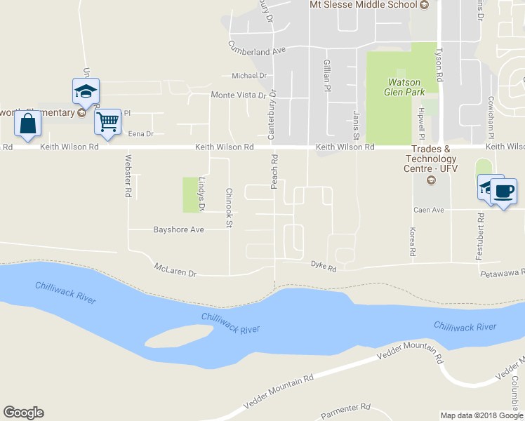 map of restaurants, bars, coffee shops, grocery stores, and more near 5465 Peach Road in Chilliwack
