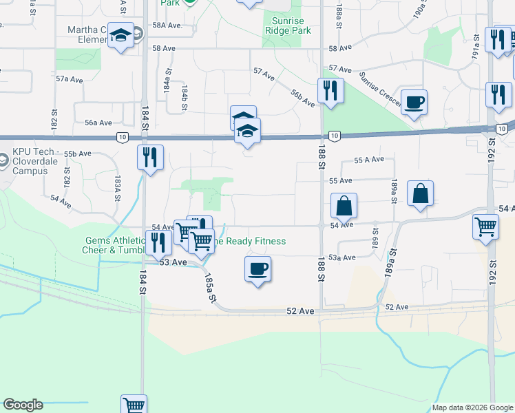 map of restaurants, bars, coffee shops, grocery stores, and more near in Surrey