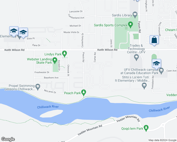 map of restaurants, bars, coffee shops, grocery stores, and more near 44751 Vandell Drive in Chilliwack