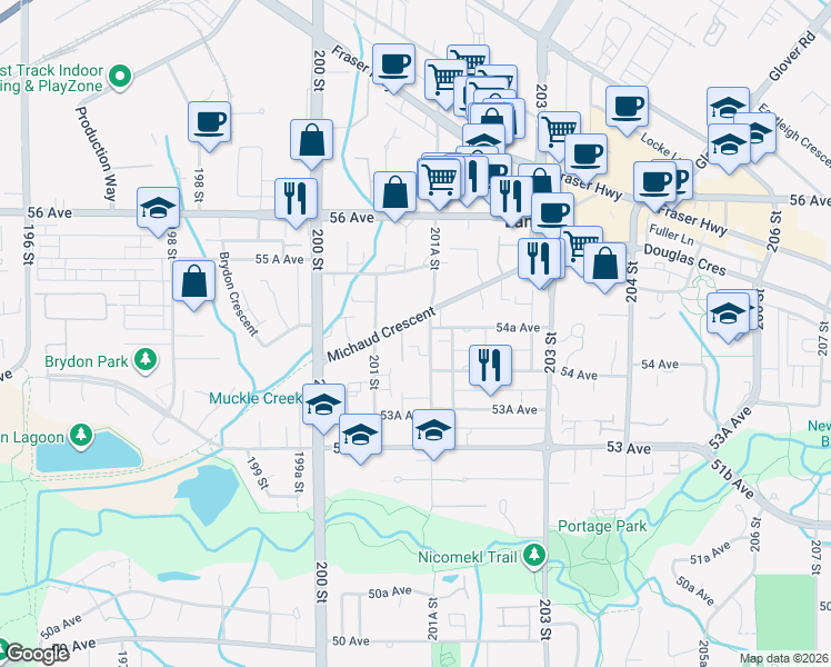 map of restaurants, bars, coffee shops, grocery stores, and more near 20110 Michaud Crescent in Langley