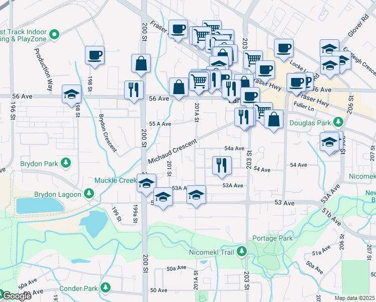 map of restaurants, bars, coffee shops, grocery stores, and more near 20110 Michaud Crescent in Langley