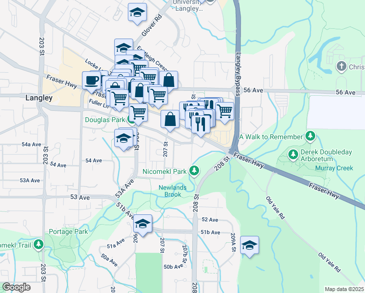 map of restaurants, bars, coffee shops, grocery stores, and more near 20768 Douglas Crescent in Langley