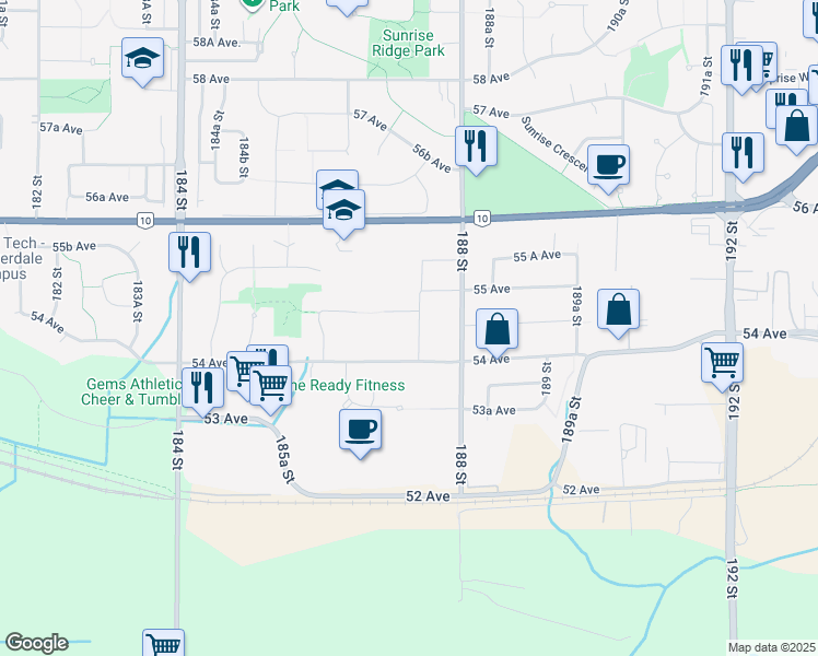 map of restaurants, bars, coffee shops, grocery stores, and more near 5437 187 Street in Surrey