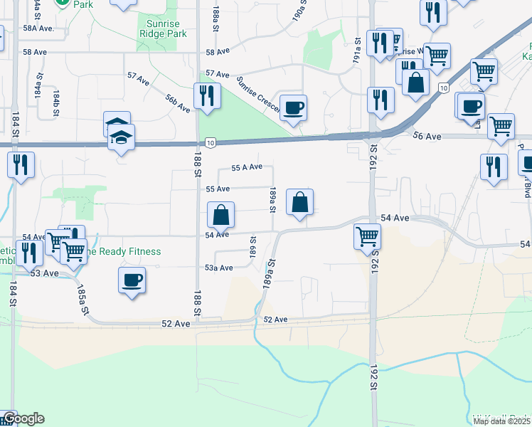 map of restaurants, bars, coffee shops, grocery stores, and more near 18938 54A Avenue in Surrey