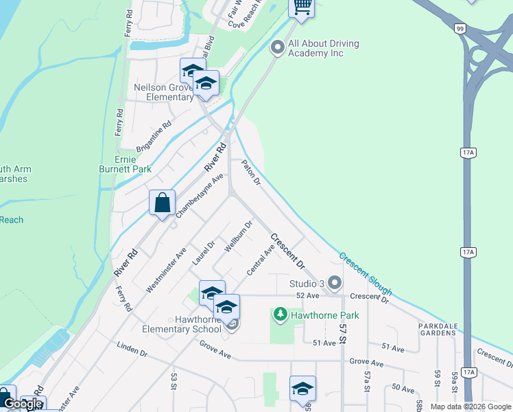 map of restaurants, bars, coffee shops, grocery stores, and more near 5386 Crescent Drive in Delta