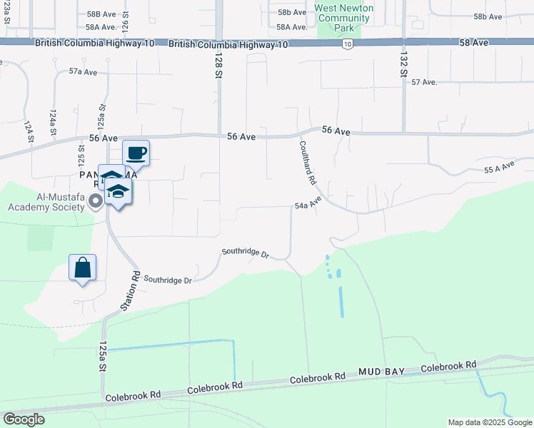 map of restaurants, bars, coffee shops, grocery stores, and more near 12914 54A Avenue in Surrey