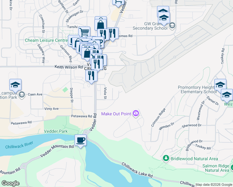 map of restaurants, bars, coffee shops, grocery stores, and more near 45715 Alma Avenue in Chilliwack