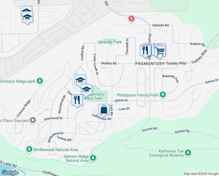 map of restaurants, bars, coffee shops, grocery stores, and more near 5451 Cedar Creek Drive in Chilliwack
