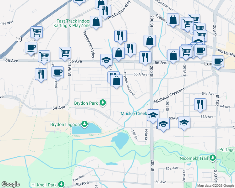 map of restaurants, bars, coffee shops, grocery stores, and more near 5438 198 Street in Langley
