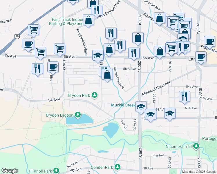 map of restaurants, bars, coffee shops, grocery stores, and more near 5438 198 Street in Langley
