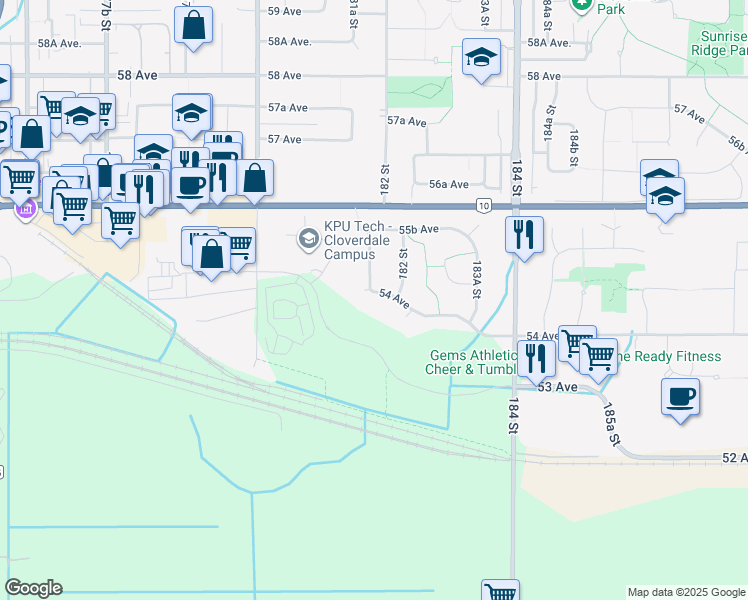map of restaurants, bars, coffee shops, grocery stores, and more near 18166 54 Avenue in Surrey