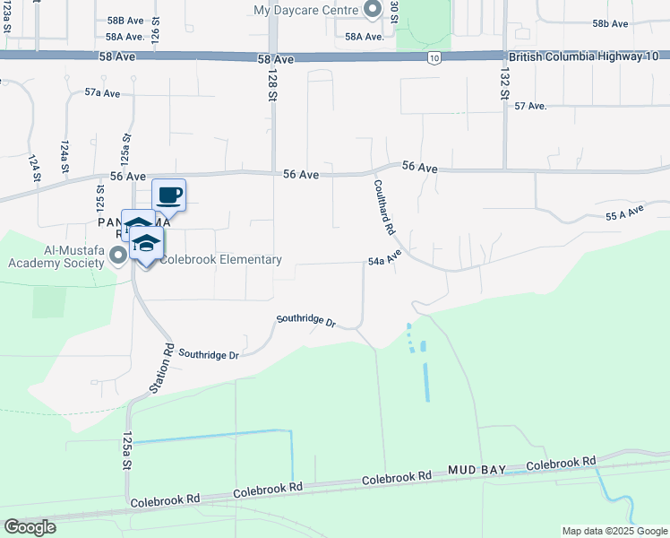 map of restaurants, bars, coffee shops, grocery stores, and more near 12914 54A Avenue in Surrey
