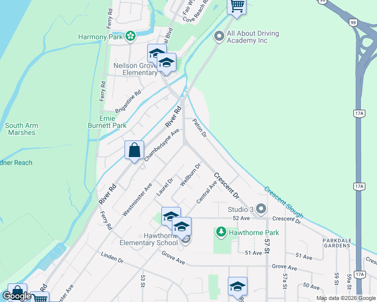 map of restaurants, bars, coffee shops, grocery stores, and more near 5411 Crescent Drive in Delta