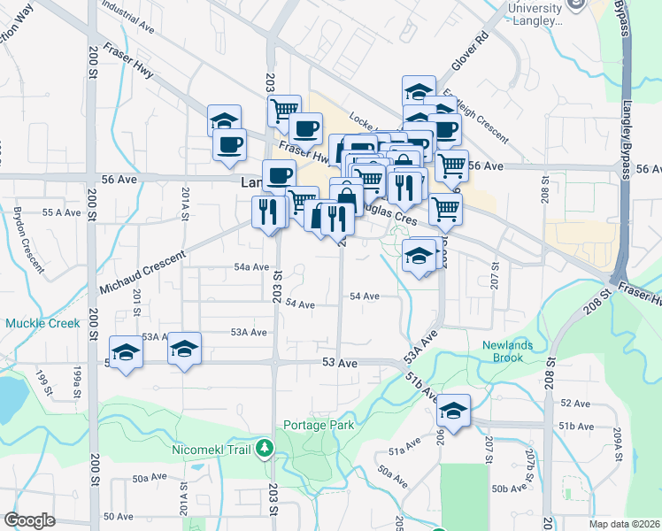 map of restaurants, bars, coffee shops, grocery stores, and more near 5451 204 Street in Langley