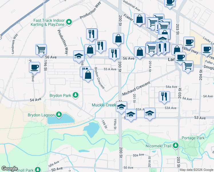 map of restaurants, bars, coffee shops, grocery stores, and more near 19945 Brydon Crescent in Langley