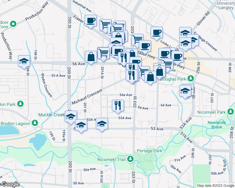 map of restaurants, bars, coffee shops, grocery stores, and more near 20225 54 Avenue in Langley