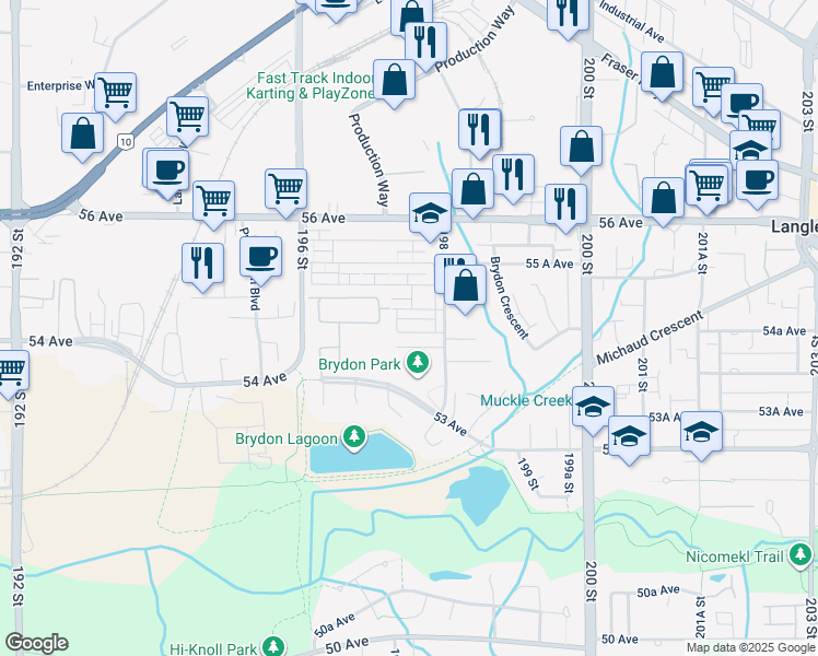map of restaurants, bars, coffee shops, grocery stores, and more near 19760 55 A Avenue in Langley