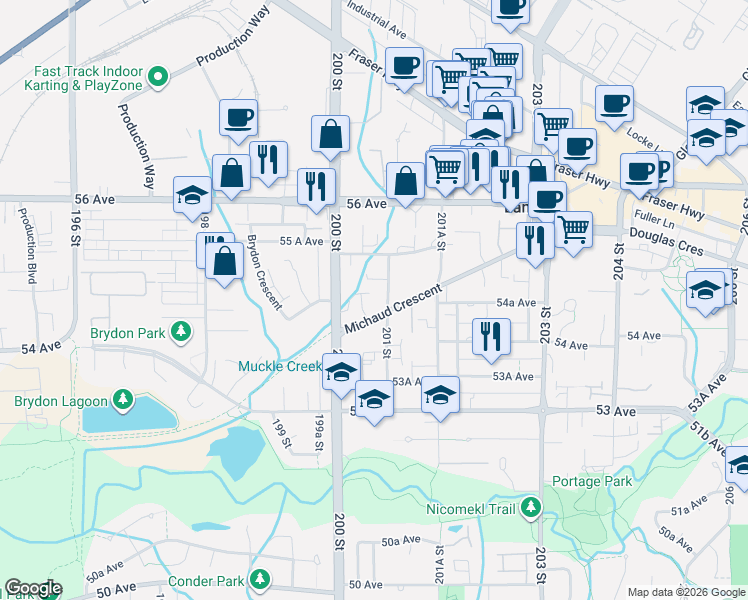 map of restaurants, bars, coffee shops, grocery stores, and more near 5465 201 Street in Langley