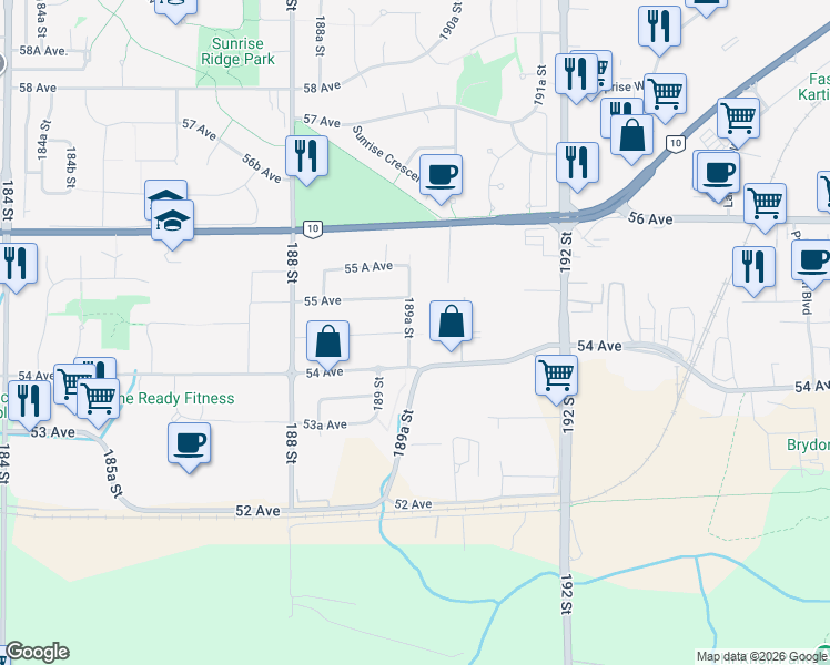 map of restaurants, bars, coffee shops, grocery stores, and more near 5448 189A Street in Surrey