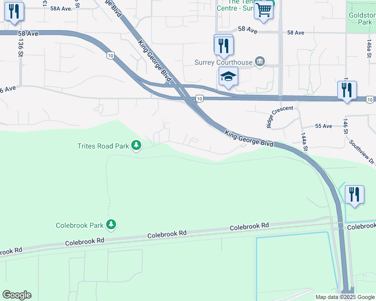 map of restaurants, bars, coffee shops, grocery stores, and more near 14112 Trites Road in Surrey