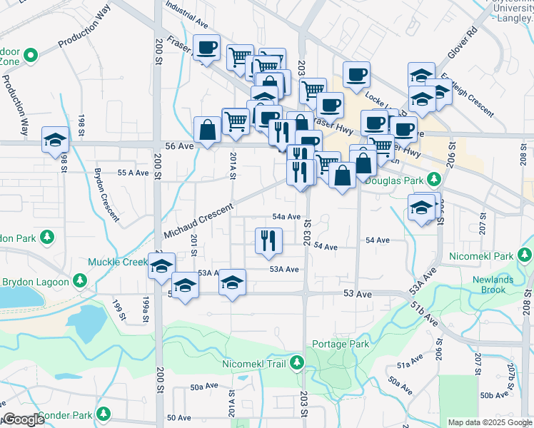 map of restaurants, bars, coffee shops, grocery stores, and more near in Langley