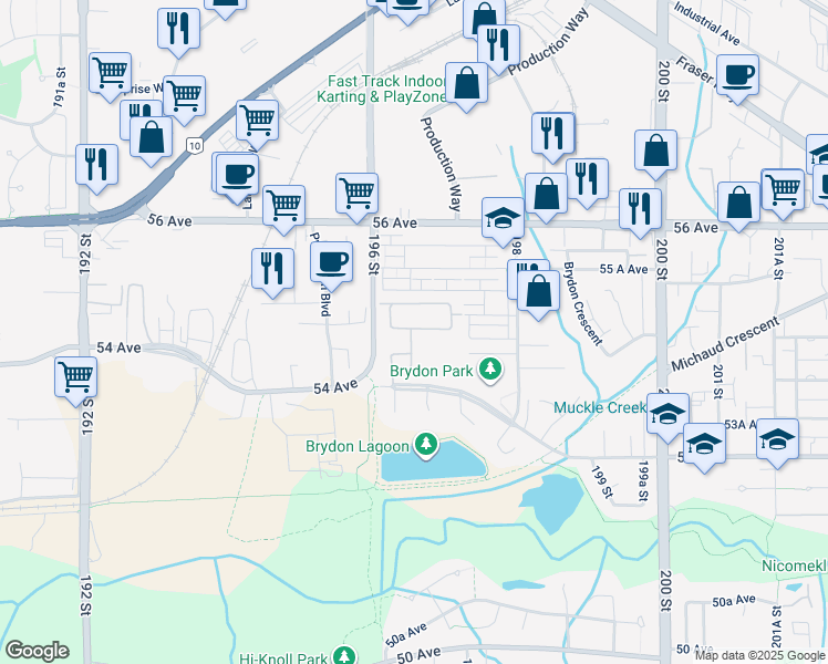 map of restaurants, bars, coffee shops, grocery stores, and more near 19649 53 Avenue in Langley