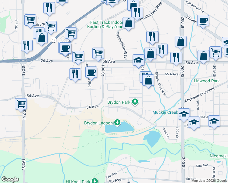 map of restaurants, bars, coffee shops, grocery stores, and more near 19649 53 Avenue in Langley