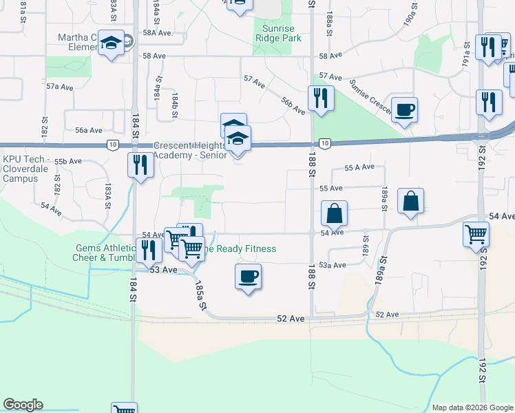 map of restaurants, bars, coffee shops, grocery stores, and more near 18662 54A Avenue in Surrey
