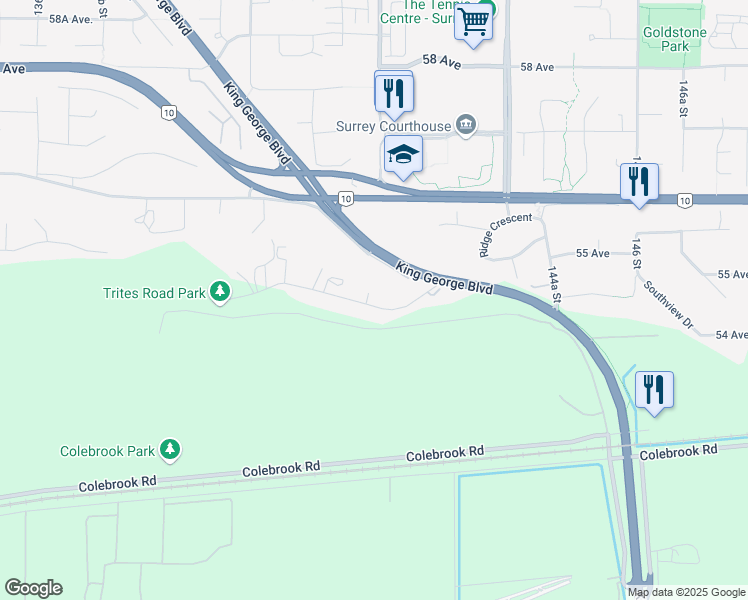 map of restaurants, bars, coffee shops, grocery stores, and more near 14203 Trites Road in Surrey